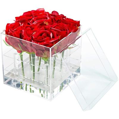 China 100% New Box 100% Acrylic Clear Water Stand Clear Rose Pots Stand Decorative Square Vase With Removable 2 Tiers 9 Holes For Valentine's Day for sale