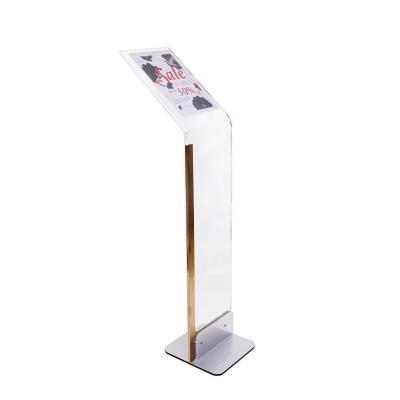 China Advertising Custom Clear Acrylic A4 Brochure Floor Standing Poster Sign Rack Display Stand For Supermarket Exhibition Hotel for sale