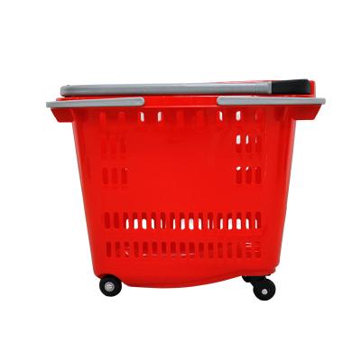 China Hand Hanging/Pulling Floor Supermarket Retail Plastic Shopping Baskets With Pull Handle On 4 Wheels Capcity 50L for sale