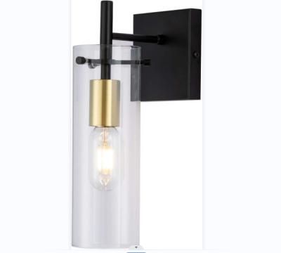 China Modern Matte Antique Brass Mixed Black Single Wall Lamp Vintage Sconce Indoor Light Fixture With Cylindrical Clear Glass for sale