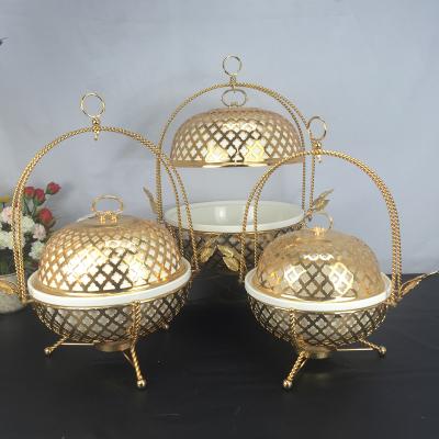 China Gold New Heat Preservation Home Use 3 Size With Leaves Middle Eastern Style Ceramic Food Warmer for sale