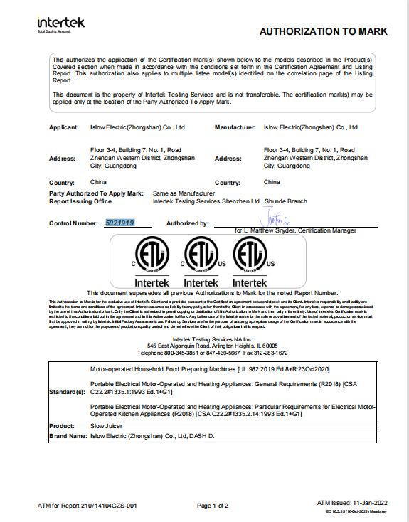 ETL - Islow Electric (Zhongshan) Co., Ltd.