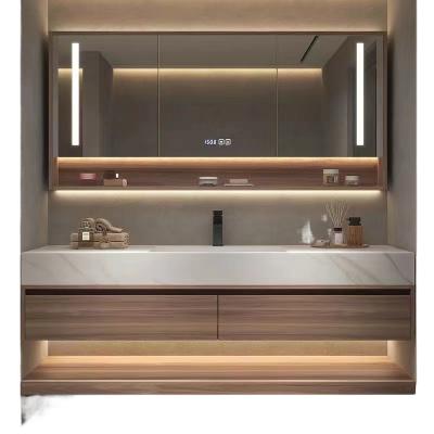 China Modern Luxury modern rock panel countertop ceramic integrated basin bathroom cabinet combination mirror cabinet hand wash basin for sale