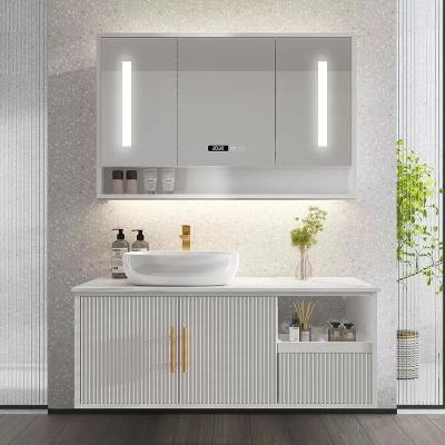 China Modern Luxury large double hand wash basin, white intelligent mirror cabinet combination with light strip, rock panel countertop for sale