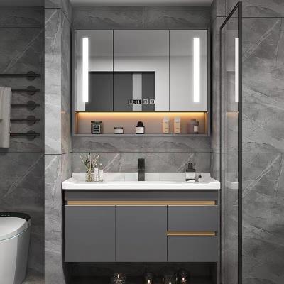 China Modern Ceramic integrated mirror cabinet combination for bathroom washbasin, small unit, gray solid wood construction for sale