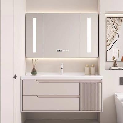 China Modern Cream style piano lacquer panel ceramic integrated basin master bedroom bathroom bathroom cabinet sink for sale