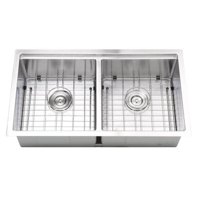 China Faucetless 32 Inch Low-Divide Undermount Tight Radius 50/500 Double Bowl 16 Gauge Stainless Steel Kitchen Sink for sale