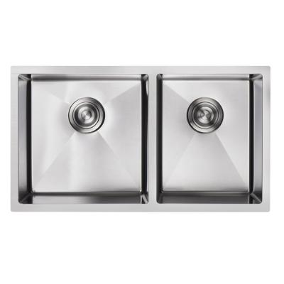 China Faucetless 28 Inch Low-Divide Undermount Tight Radius 60/40 Double Bowl 16 Gauge Stainless Steel Kitchen Sink for sale