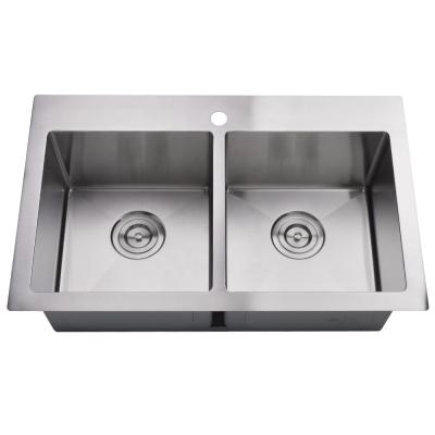 China Without Faucet 32x22x9 inch 16 gauge double bowl topmount stainless steel handmade square kitchen sink for sale