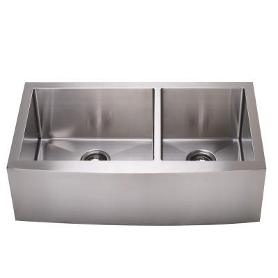 China Faucetless Customized 16 Gauge Double Bowl Farmhouse Apron Front Sinks Handmade Stainless Steel Kitchen Sink for sale