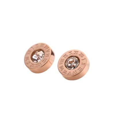 China Fashion TRENDY Roman Numerals with Big Diamond Stud Earrings, Round Couple Earrings, Rose Gold Titanium Steel Earrings for sale