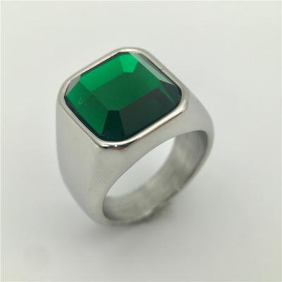 China Hiphop Mens Green Crystal Silver Plated Stainless Steel Ring for sale