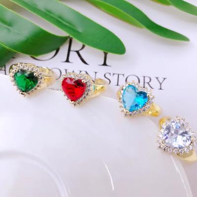 China 18K Gold Colorful Zircon Love Rings Hiphop Heart Ring For Fashion Jewelry Valentines Day Open Gift SL-RC027 for sale