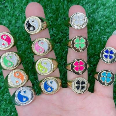 China Vintage 18K Gold Plated Enamel YinYang Seal Rings Copper Colorful yingyang Ring For Women Jewelry SL-R020 for sale