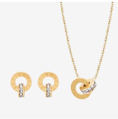 China New FASHIONABLE Small Square Diamond Rome Digital Short Necklace Female Titanium Steel Plated Rose Gold Necklace Earrings Set SL-N044 for sale