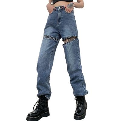 China 2021 Fashion New Breathable High Waist Zipper Splice Design Casual Straight Jeans For Women for sale