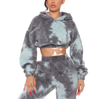 China High Quality Breathable Women Loungewear Tie Dye Hoodies Crop Sweatshirt Top Pants Sets Women Hoodies Two Piece Set for sale