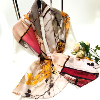 China Classic Custom Luxury Long Silk Satin Scarf Digital Printing Women Scarf for sale