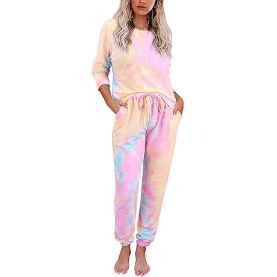 China 1/6 lady QUICK DRY home pajamas tie dye print casual long sleeve pants suit slit pajamas women for sale