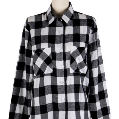 China Breathable Black Cropped Plaid Shirt Long Sleeve Lapel Shirt Women for sale