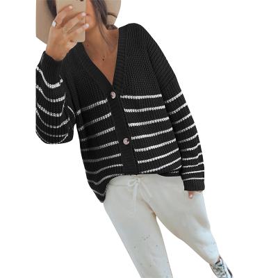 China 2021 QUICK DRY autumn and winter casual knitted striped V-neck cardigan jacket for sale