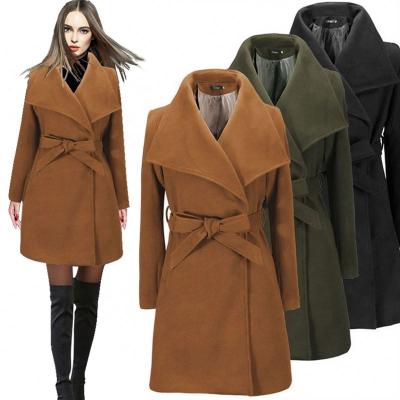 China New Fashion Anti-wrinkle Women Girls Winter Long Lapel Belt Overcoat Style Ladies Solid Woolen Warm Warm Clothing Ditch Coat for sale