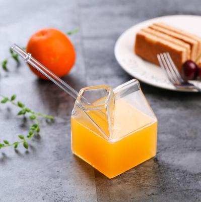 China Modern Unique Transparent Glass Milk Box Cups Innovative Milk Coffee Milk Coffee Juice Cup Crystal Breakfast Drinking Items for sale