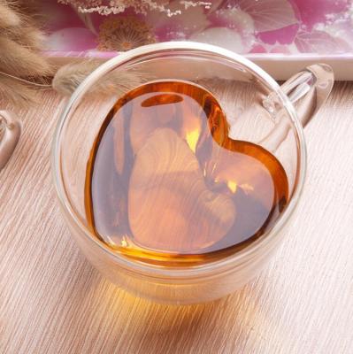 China New Modern Heart Love Shaped Double Layer Wall Heart Shaped Coffee Mug Tea Cup Coffee Lover Gift Clear Glass Mug for sale