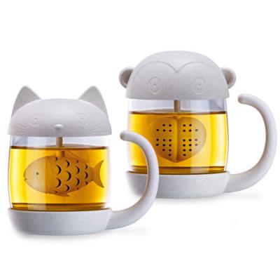 China Viable Cute Cat Glass Tea Water Bottle, Tea Cup With Lid, Fish Tea Infuser Strainer Filter for sale