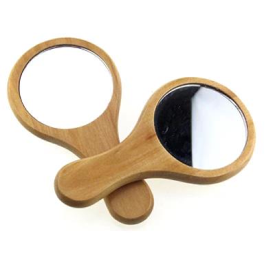 China Eco-firendly small off-the-shelf wooden short-handled mirror, portable makeup handle mirror, creative wooden mirror for sale