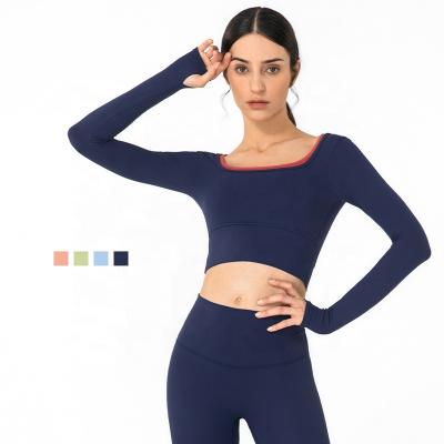 China Beautiful back U-neck sports tops contrast color gym sportswear naked feeling long sleeve breathable news yoga clothes custom women T-shirt for sale