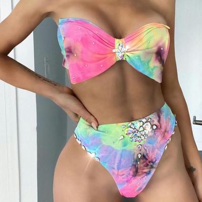 China 2021 New Crystal Diamond Women's Breathable Swimwear High-waist Tie Dye Big Bow Diamond Bathing Suit Swimsuit for sale