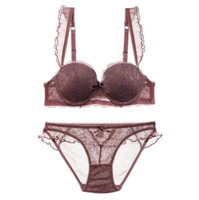 China 2020 Gathering Half Cup Thin Thick Mesh New Style Mature Women QUICK DRY Upper And Lower Lace Bras And Strappy Fancy Underwear Panties Set for sale