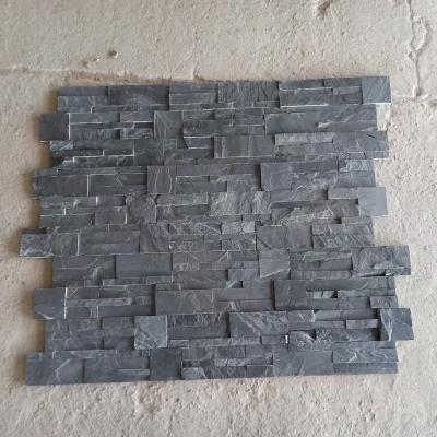 China Modern S Shape Black Slate Charcoal Pietra Format Stacked Stone Wall Cladding for sale