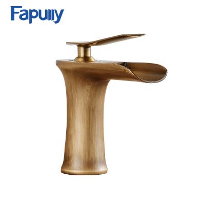 China Brand New Electric Faucets Fapully Deck Mounted Single Lever Antique Brass Faucet Mixer Tap Waterfall Vintage Sink Vessel Faucet for sale