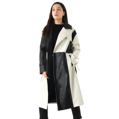 China Women's Vintage Fashion Women's Faux Leather Ditch Trench Outerwear QUICK DRY Faux Leather Coat Long Waterproof Long Jackets With Belts for sale