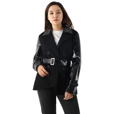 China QUICK DRY women's patchwork winter casual fashion shinning faux leather coated artificial PU leather jackets with long PU belt for sale