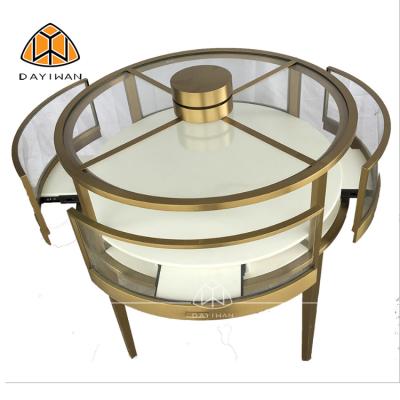 China Customized Round Titanium Jewelry Store Gold Jewelry Display Cabinet Circular Glass Display Case for sale