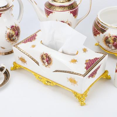 China Chic Minimalist Ceramic Luxury European Paper Table Accessories Hotel Desk KTV Gold Napkin Case Holder Tissue Box for sale