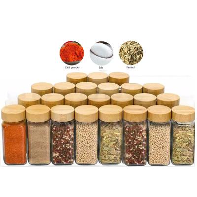 China 24Pack Sustainable Wholesale 4Oz Kitchen Square Glass Spice Jars Containers Set With Bamboo Wood Lid For Food for sale