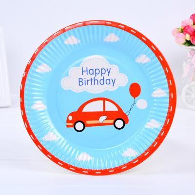 China Disposable Cute Car Theme Birthday Decorations Elephant Party Supplies Round Dessert Dishes Paper Tableware for sale