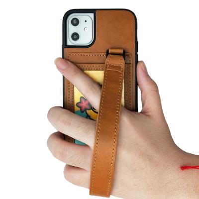 China Luxury Genuine Leather Wristband Style Anti-fall Leather Phone Case For iPhone 11 for sale