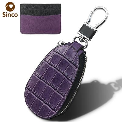 China Fashion Purple Luxury Car Smart High End Genuine Leather Key Case With Metal Hook Zipper Car Key Cover Case for sale