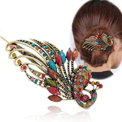 China Korean Bohemian Hairpins Crystal Hair Accessories Hair Clips Environmental Friendly Hot Sale Vintage Rhinestone Peacock Hair Clips For Women for sale