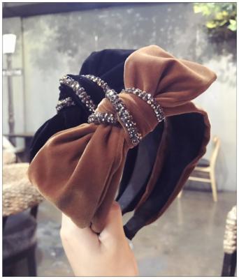 China Flannel Fashion Diamond Bow Superb Handmade High-Grade Head Band Large Instant Luxury Flannel Wide Headbands for sale