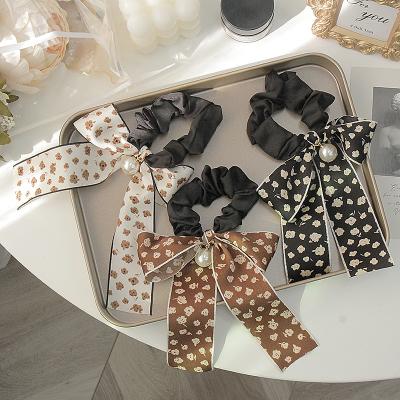 China New Fashion Women Shapes Ponytail Holders Printing Wave Point Pearl Satin Scrunchies Elastic Hair Ties Hair Accessories for sale