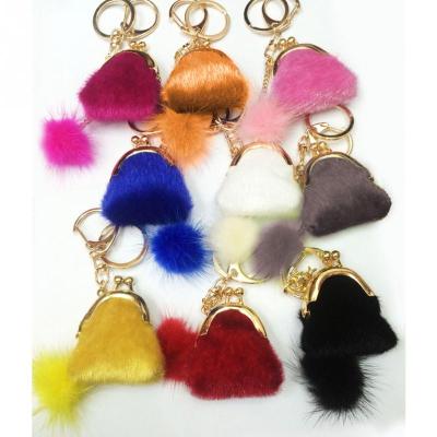 China Korean Mini Bag Mobile Phone Bag High Quality Wallet Key Chain Car Plush Ball Fur Promotion Rabbit Key Chain for sale