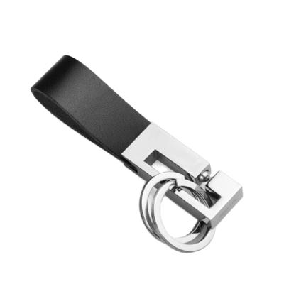 China Double Ring Fashion Black Leather Strap Key Chain Personalized PU Leather Key Chain Metal Genuine Leather Key Chain for sale