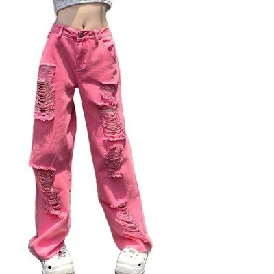 China 2023New Breathable Style OEM Ripped Custom Women's Pink Women's Jeans Jeans Customization for sale