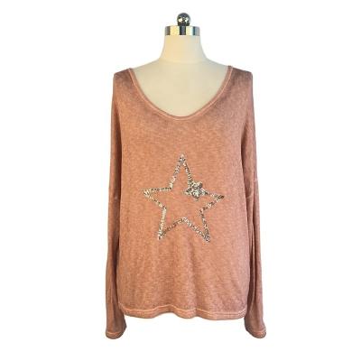 China Breathable ladies fashion trend tie-dye Fried Color Five-pointed star bead embroidery casual round shoulder drop neck long sleeve dual-use for sale